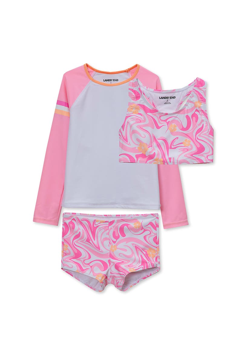 Girls Chlorine Resistant Long Sleeve Rash Guard Boyshort 3 Piece Swimsuit Set, Main, color, Pink Marble Floral