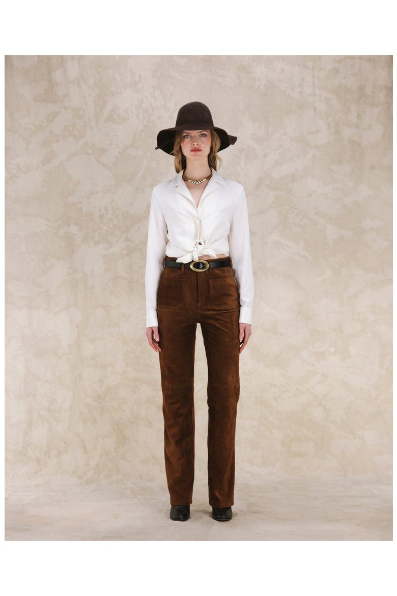 High Waist Suede Leather Trousers, Alternate, color, Brown