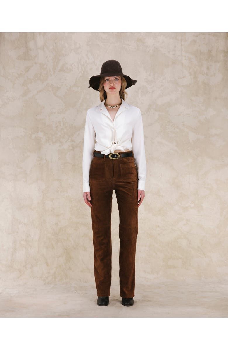 Fortela High Waist Suede Leather Trousers, Alternate, color, Brown