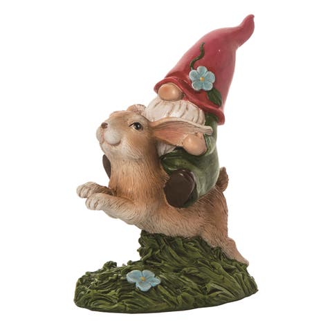 6 Inch Brown Spring Gnome Bunny Rider Figurine Decorative Polyresin Spring Decor