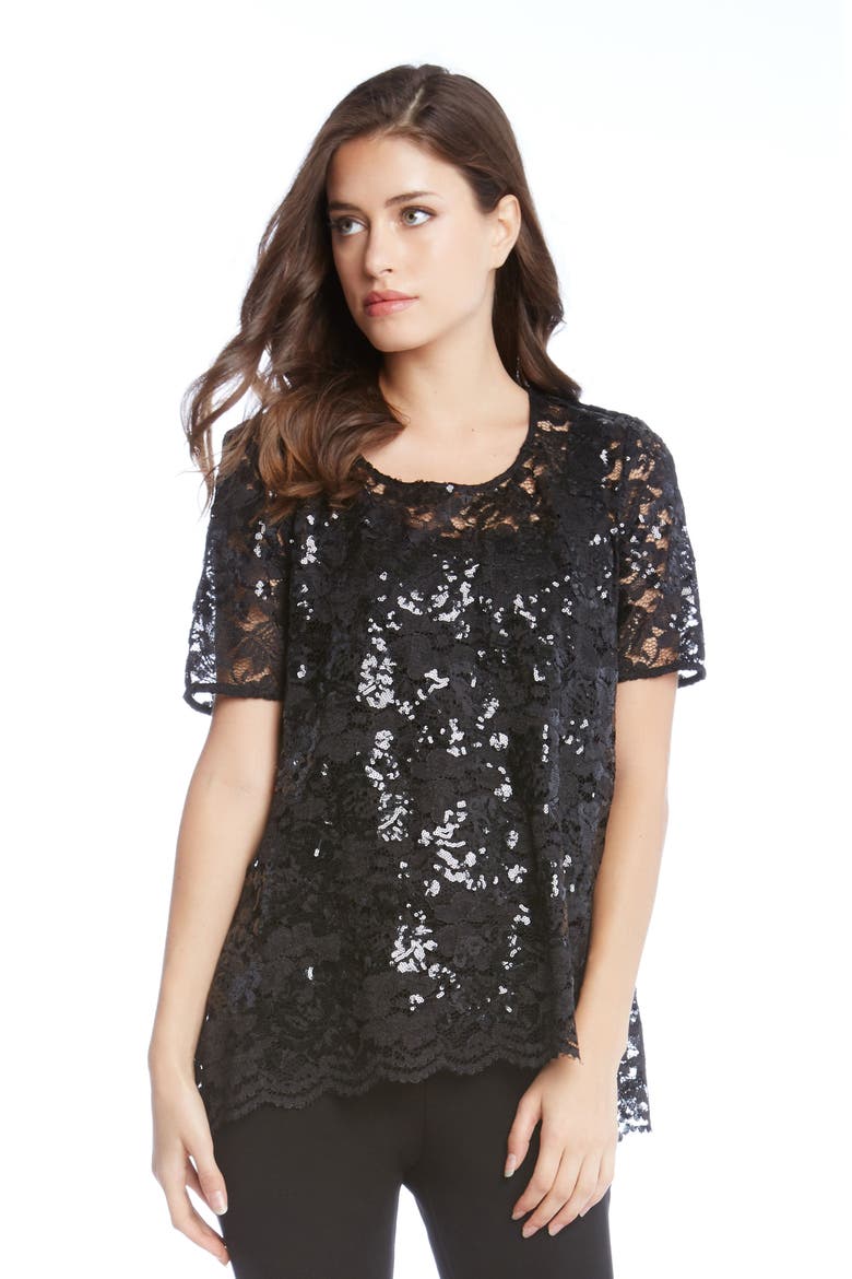 Sequin Lace Flare Top, Alternate, color, BLACK