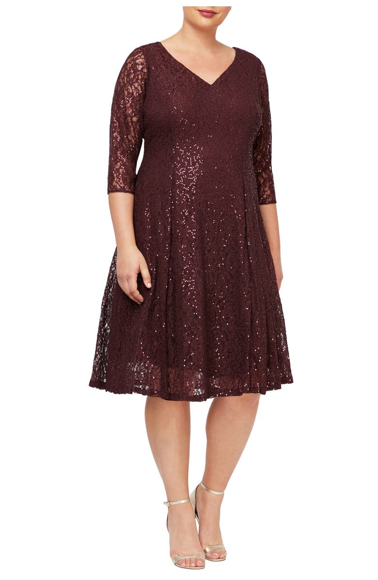 SL FASHIONS Lace V-Neck Dress, Main, color, Fig