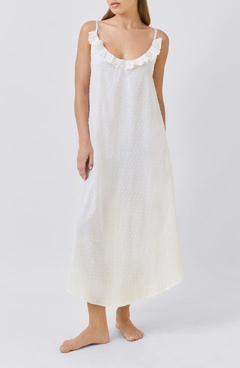 Swiss Dot Frill Cotton Maxi Nightgown