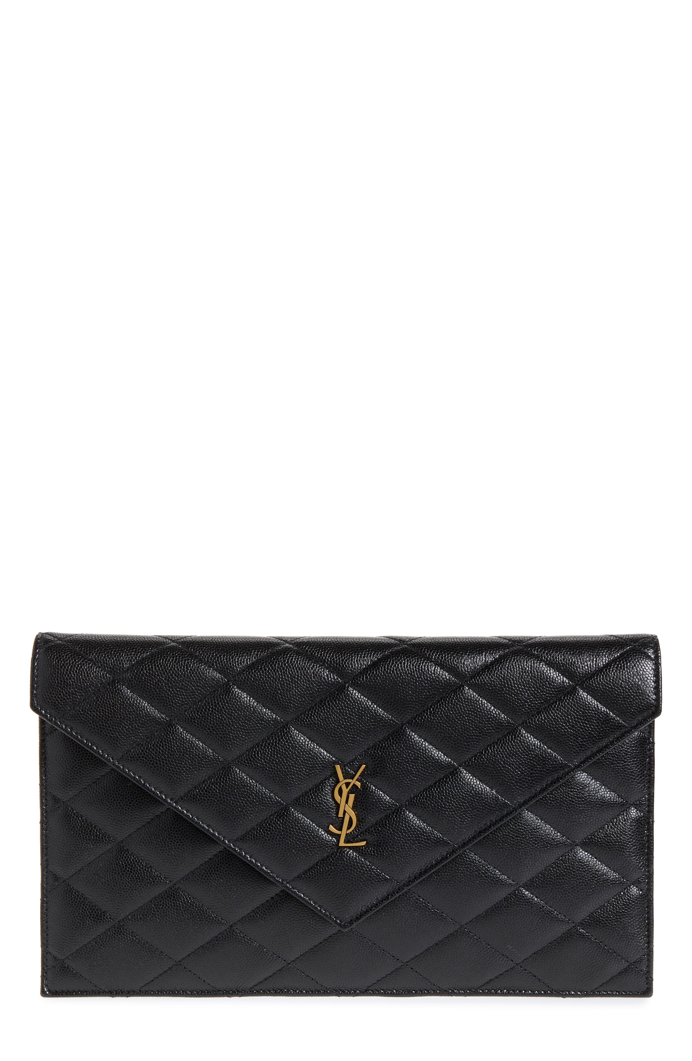 Paris Diamond Quilted Grain de Poudre Leather Envelope Pouch, Main, color, NOIR