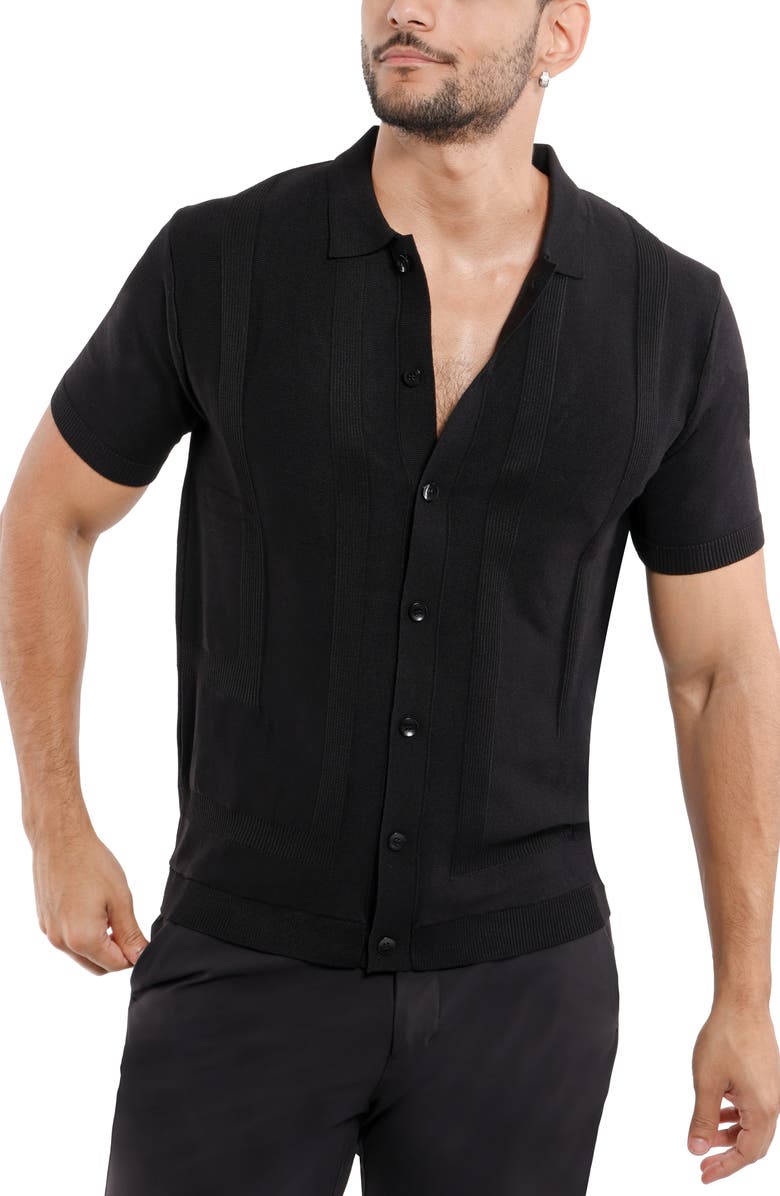 Spring + Mercer Textured Short Sleeve Button-Up Sweater, Alternate, color, Black