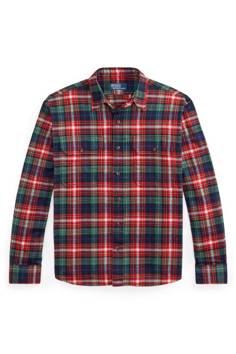 Plaid Shaggy Flannel Button Up Shirt, Alternate, color, NAVY/ RED