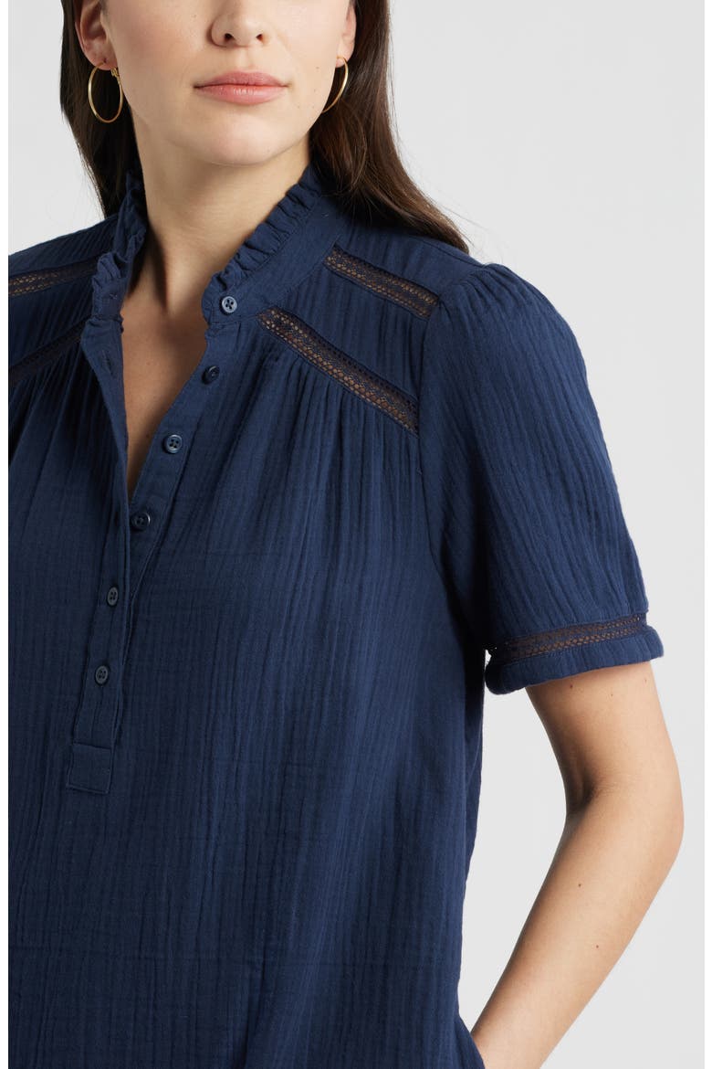 Ruffle Embroidered Inset Cotton Shift Dress, Alternate, color, NAVY STILL
