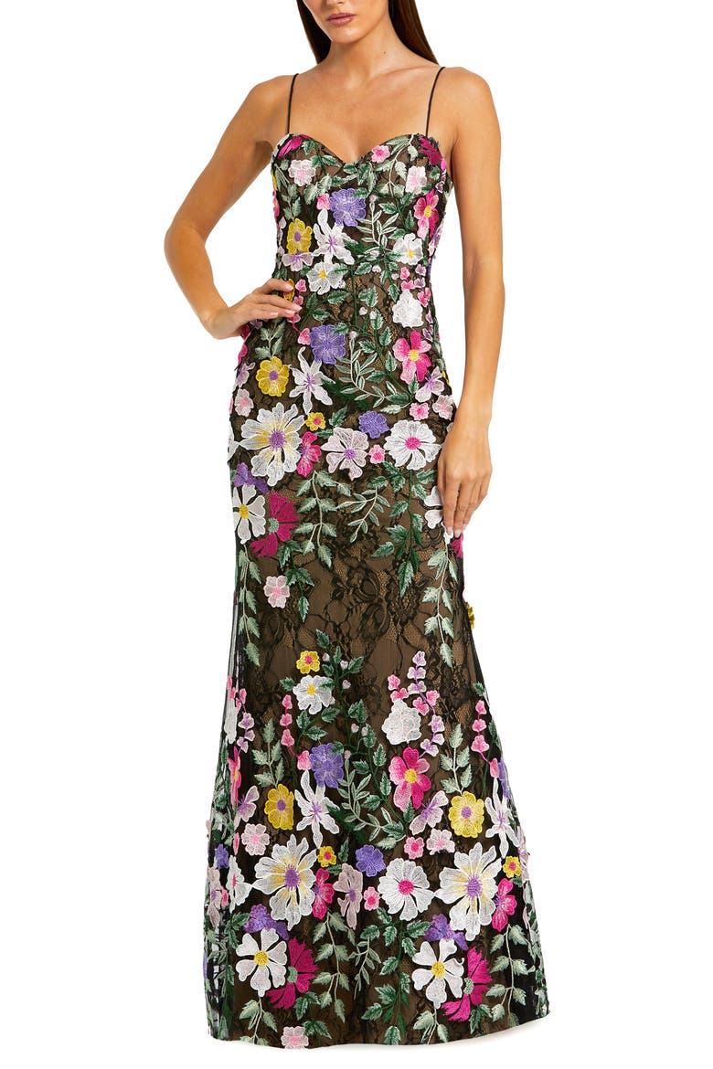 Floral Embroidered Sleeveless Bustier Gown, Main, color, Black Multi