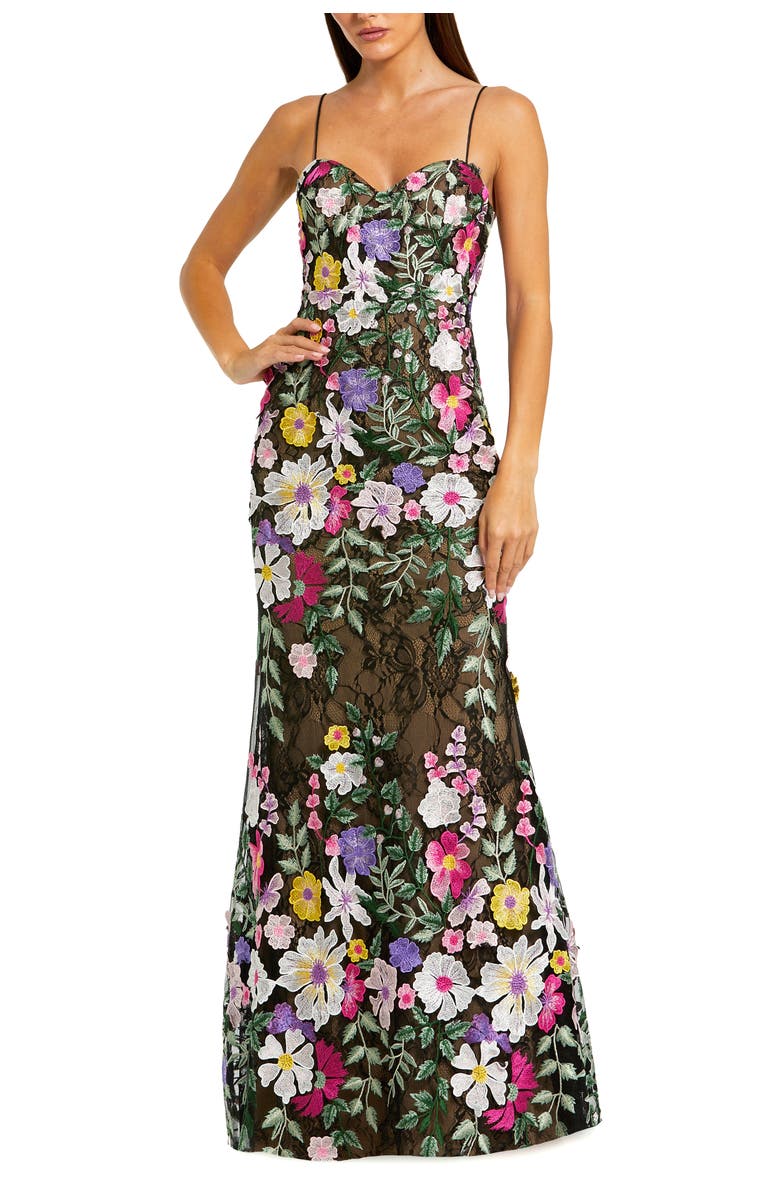 Mac Duggal Floral Embroidered Sleeveless Bustier Gown, Main, color, Black Multi