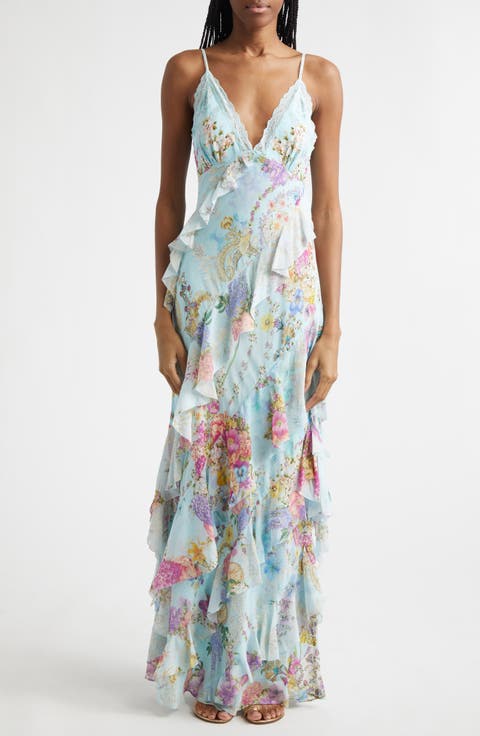 Floral Ruffle Silk Slipdress