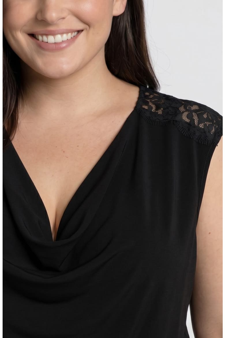 Draped Neck Lace Trim Top, Alternate, color, BLACK