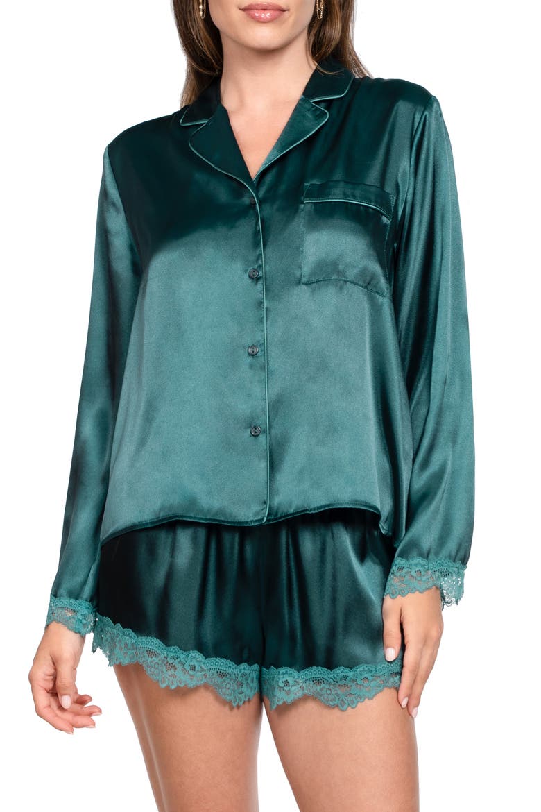 Felicity Lace Trim Long Sleeve Satin Shorts Pajamas, Main, color, PINE GREEN
