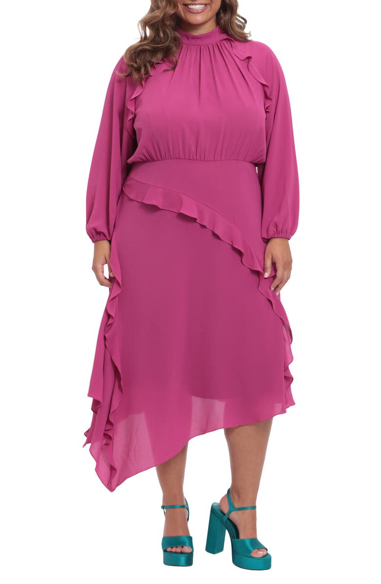 Donna Morgan Ruffle Detail Long Sleeve Asymmetric Hem Dress, Main, color,