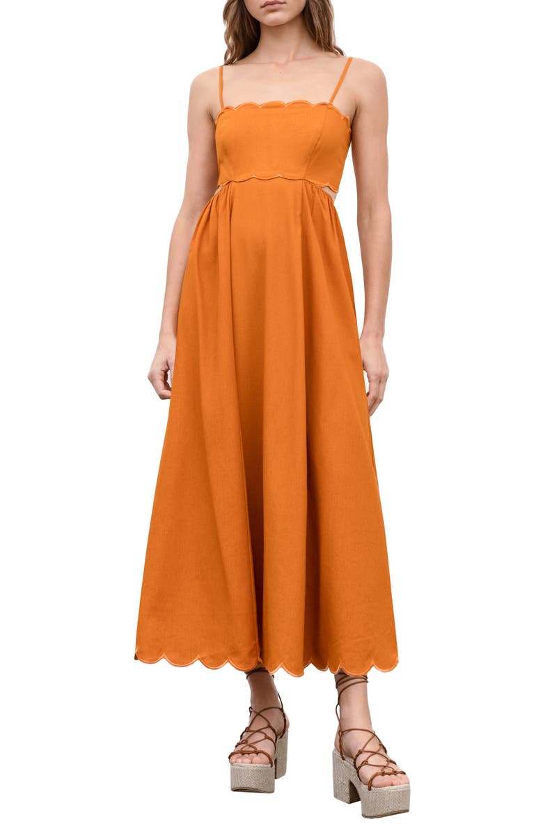 MOON RIVER Scalloped Linen & Cotton Midi Dress, Main, color, 