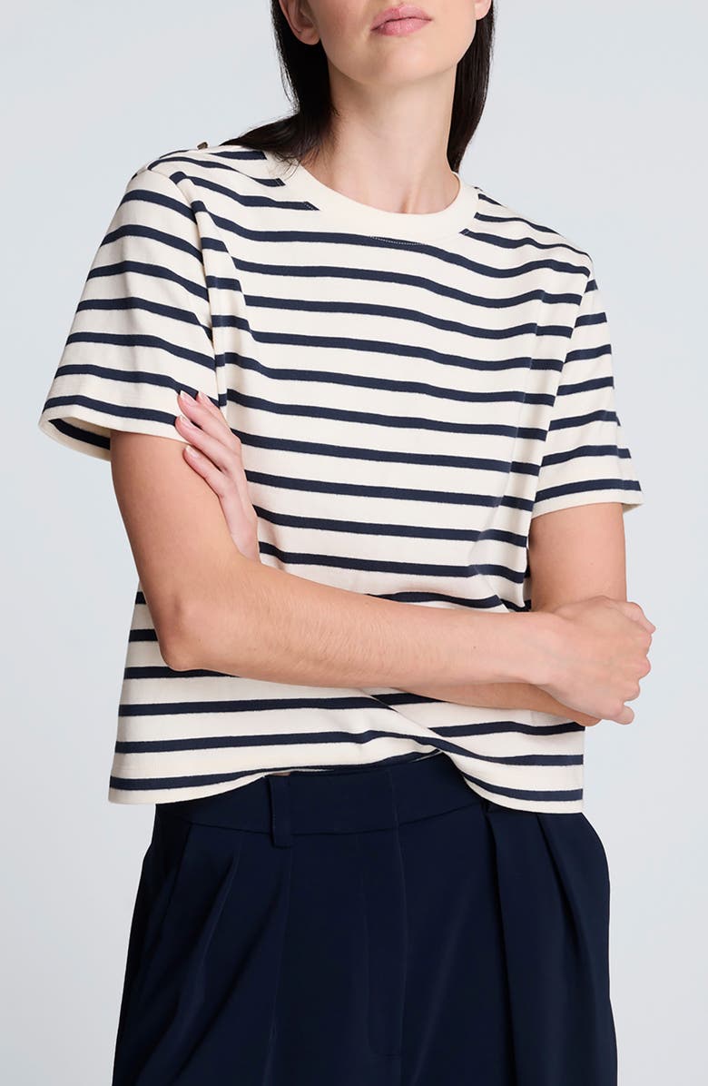 Kenneth Cole Stripe Boxy Cotton T-Shirt, Main, color, Oyster/ Dark Navy