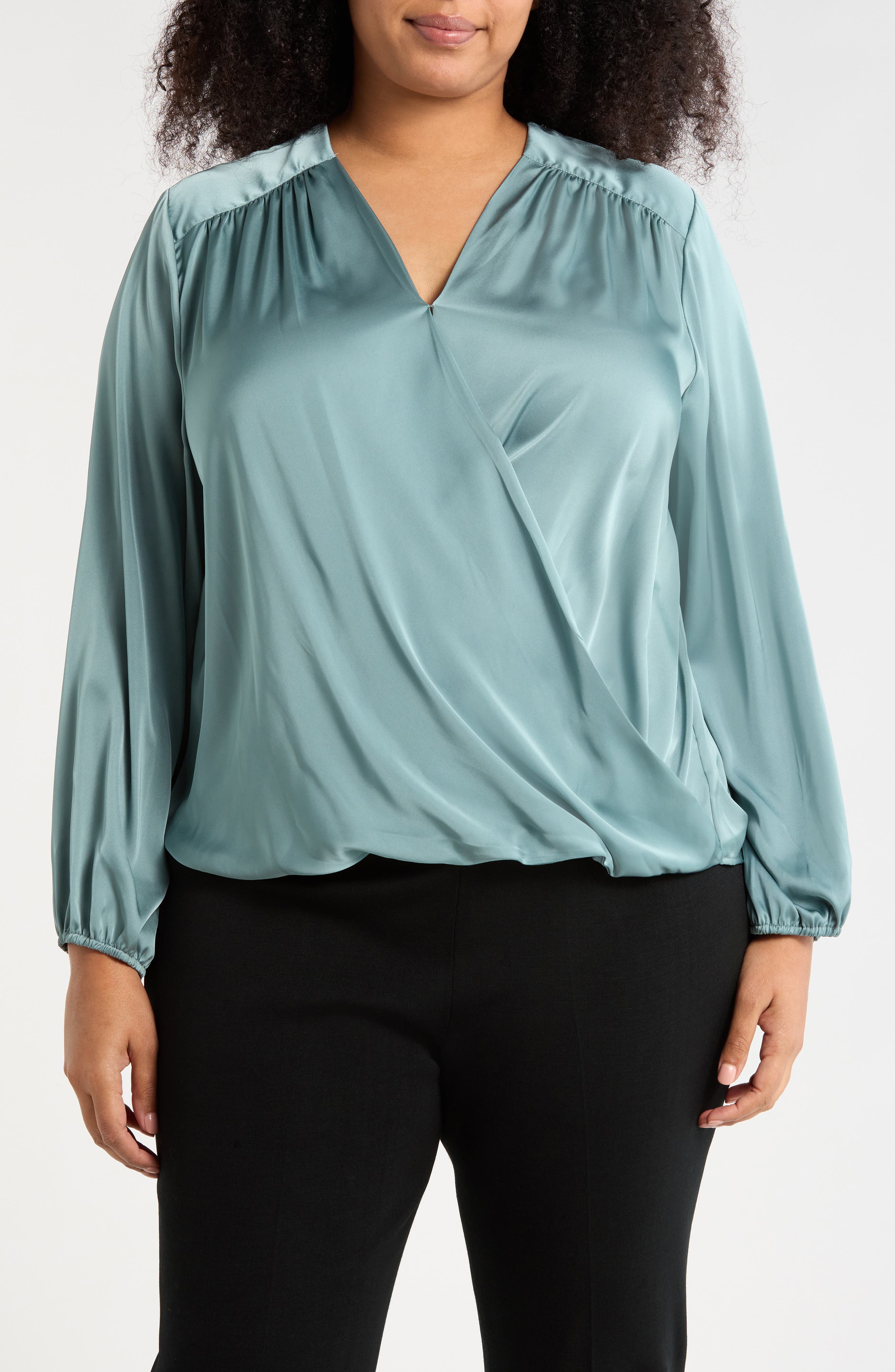 T Tahari Long Sleeve Faux Wrap Top