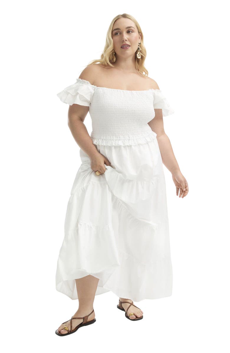 June + Vie Smocked Tiered Maxi Dress, Main, color, Bright White