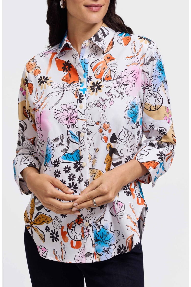 Meghan Watercolor Print Cotton Button-Up Shirt, Main, color, WHITE/ ORANGE MULTI