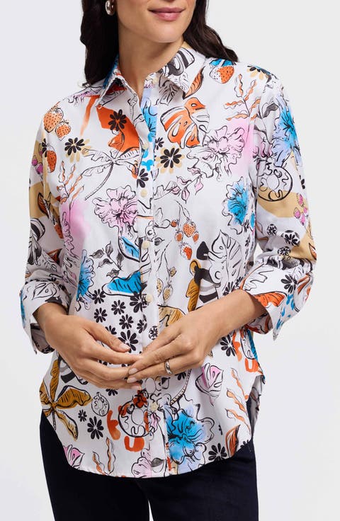 Meghan Watercolor Print Cotton Button-Up Shirt