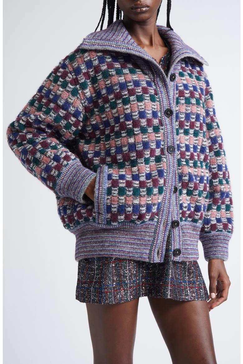 Check Jacquard Knit Bomber Jacket, Alternate, color, DARK AND PINK TONES
