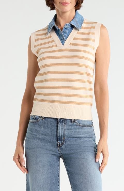 Denim Trim Sweater Vest