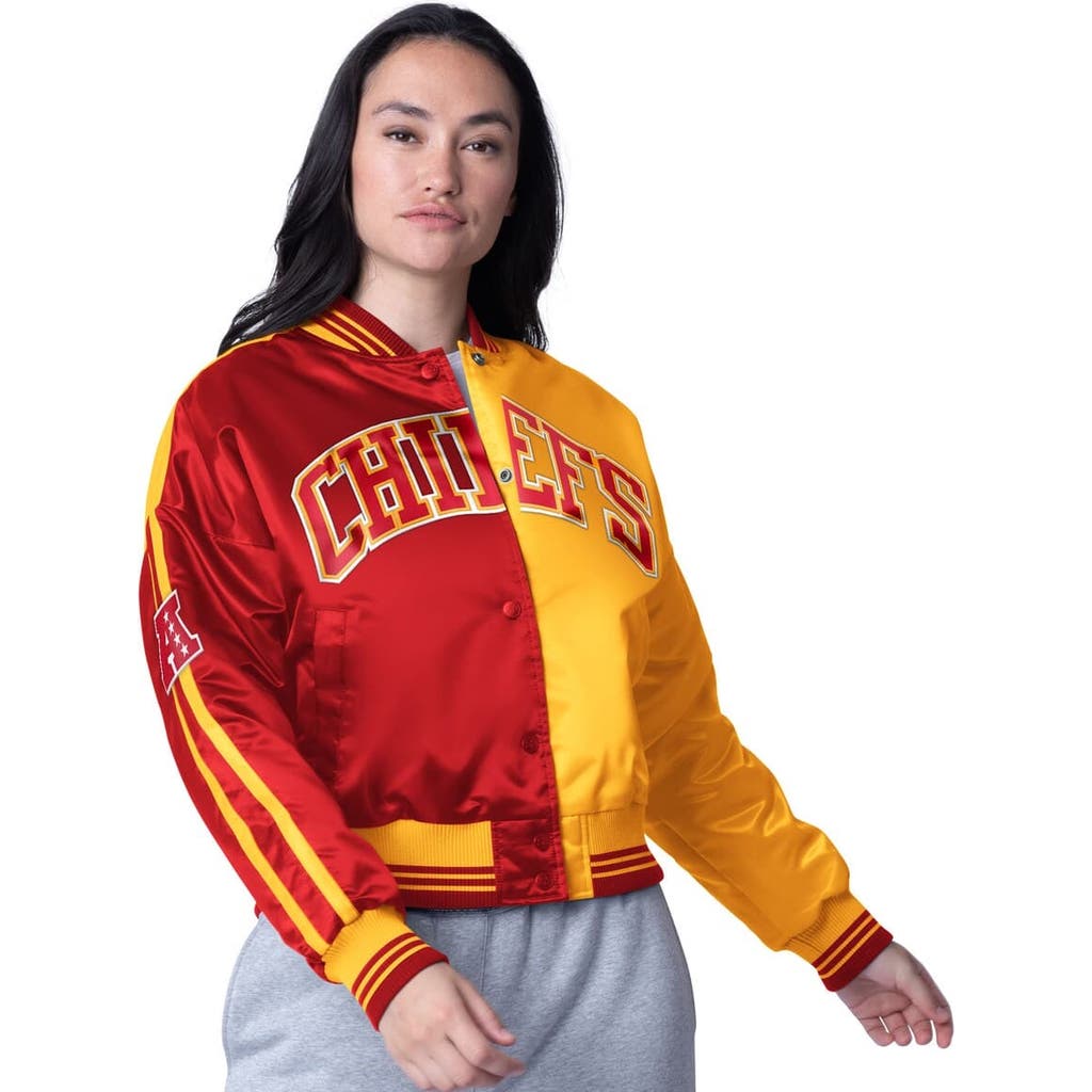 Starter Women's Red/gold Kansas City Chiefs Zone Blitz Cropped Full-snap Satin Jacket In Red