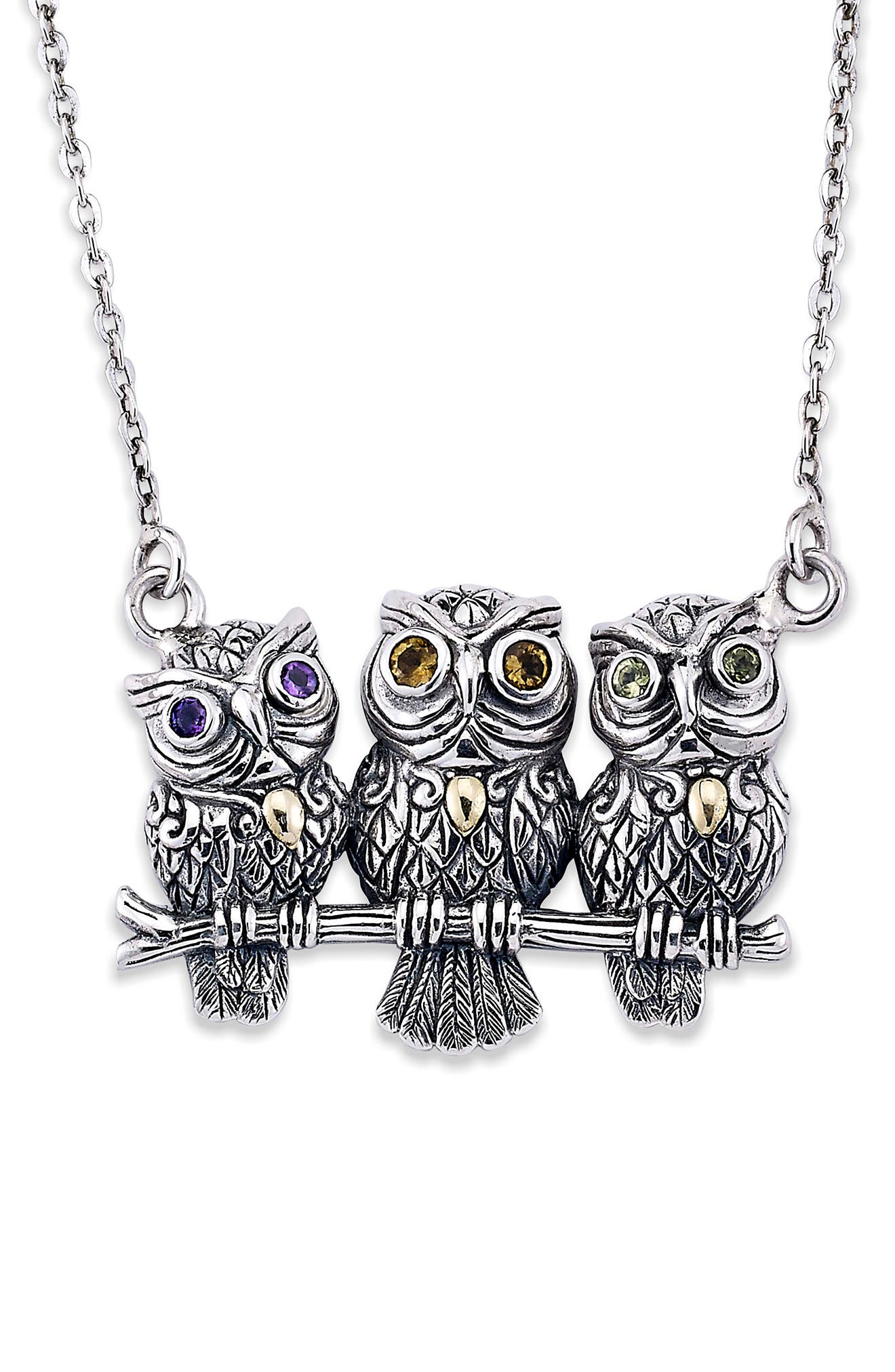 SAMUEL B. 18K Yellow Gold & Sterling Silver Amethyst, Citrine, & Peridot Filigree Owls Pendant Necklace