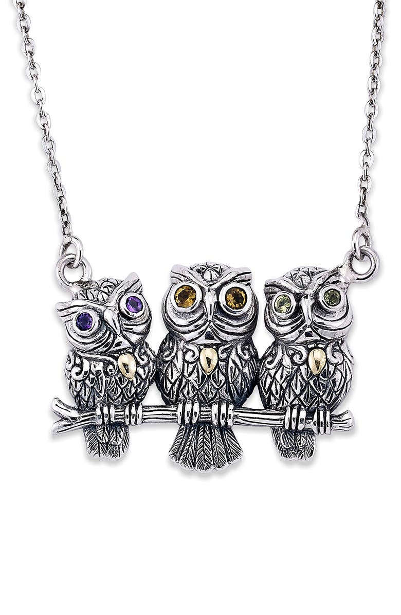 SAMUEL B. 18K Yellow Gold & Sterling Silver Amethyst, Citrine, & Peridot Filigree Owls Pendant Necklace, Main, color, Silver And Gold
