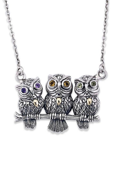 18K Yellow Gold & Sterling Silver Amethyst, Citrine, & Peridot Filigree Owls Pendant Necklace