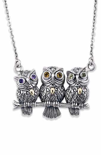 SAMUEL B. 18K Yellow Gold & Sterling Silver Amethyst, Citrine, & Peridot Filigree Owls Pendant Necklace