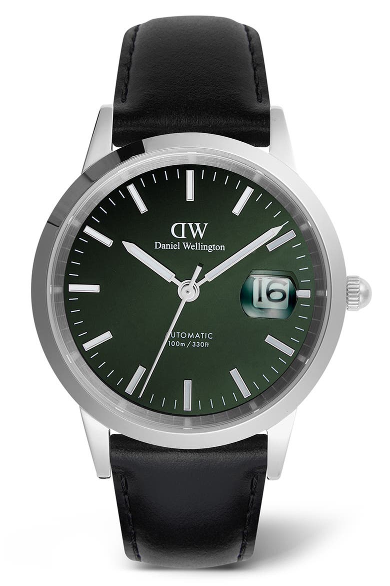 Iconic Automatic Leather Strap Watch, 40mm, Main, color, SILVER