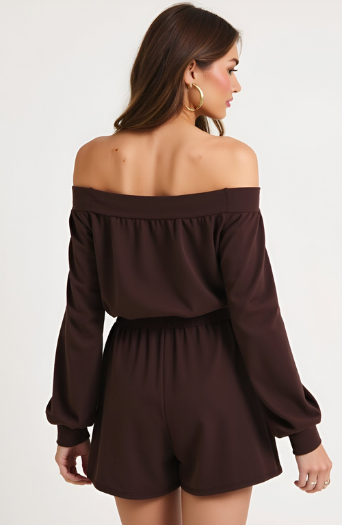 Modenaire Off-shoulder Long Sleeve Romper With Smocked Waist And Drawstring Tie In Brown