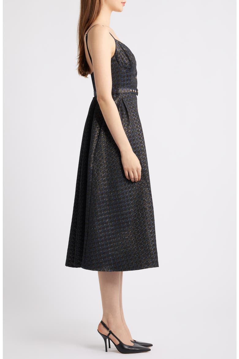 Metallic Pleated Belted Fit & Flare Midi Dress, Alternate, color, NAVY/ GOLD