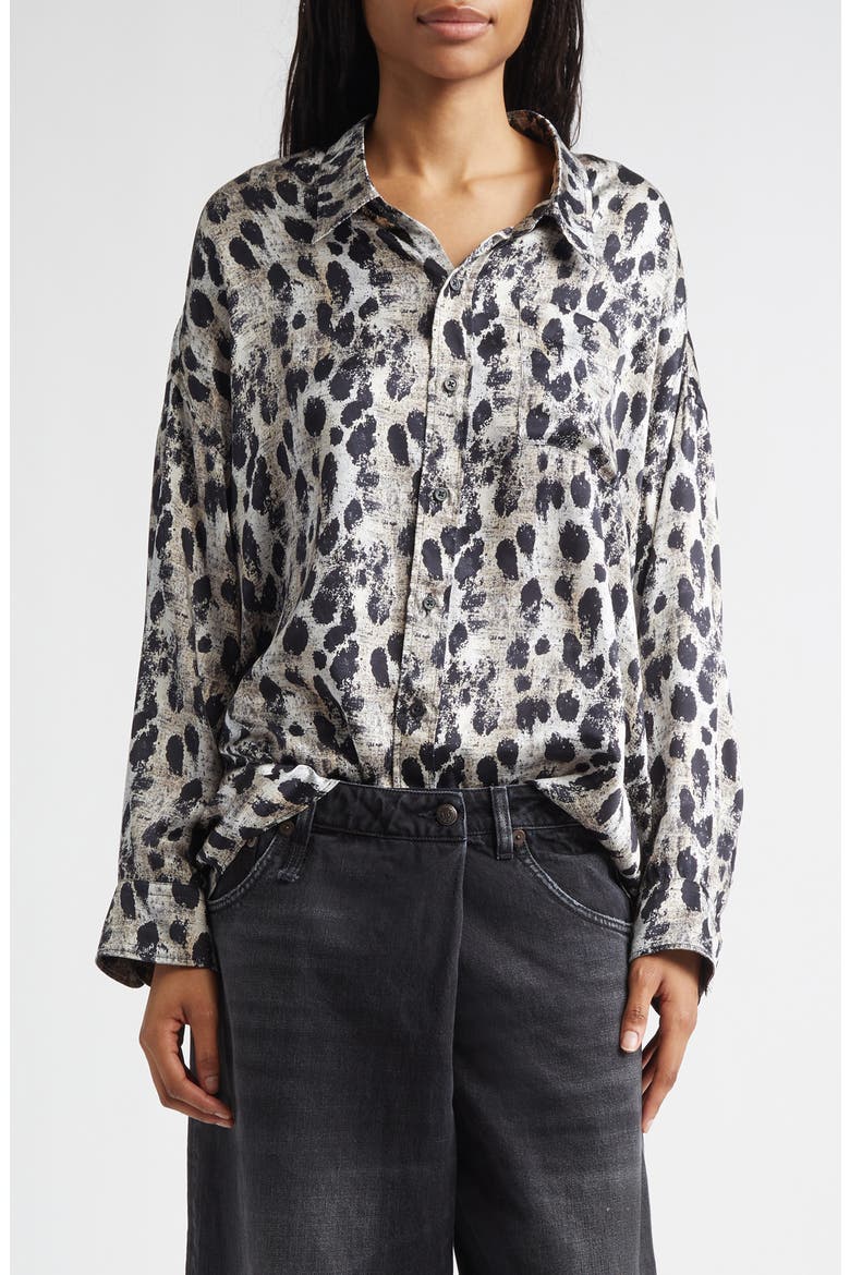 Leopard Print Drop Neck Silk Button-Up Shirt, Main, color, BLACK SILVER LEOPARD
