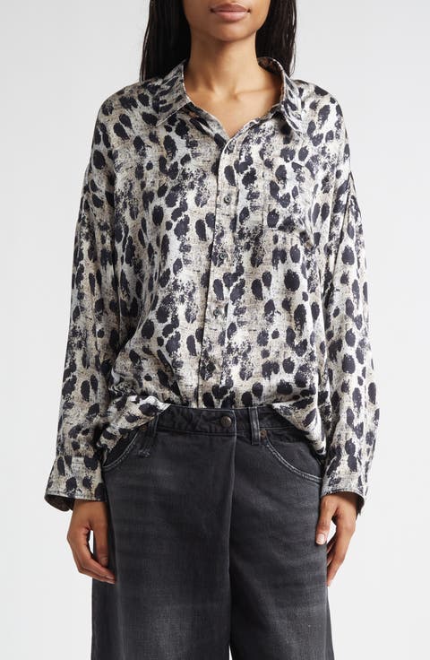 Leopard Print Drop Neck Silk Button-Up Shirt