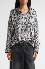 R13 Leopard Print Drop Neck Silk Button-Up Shirt