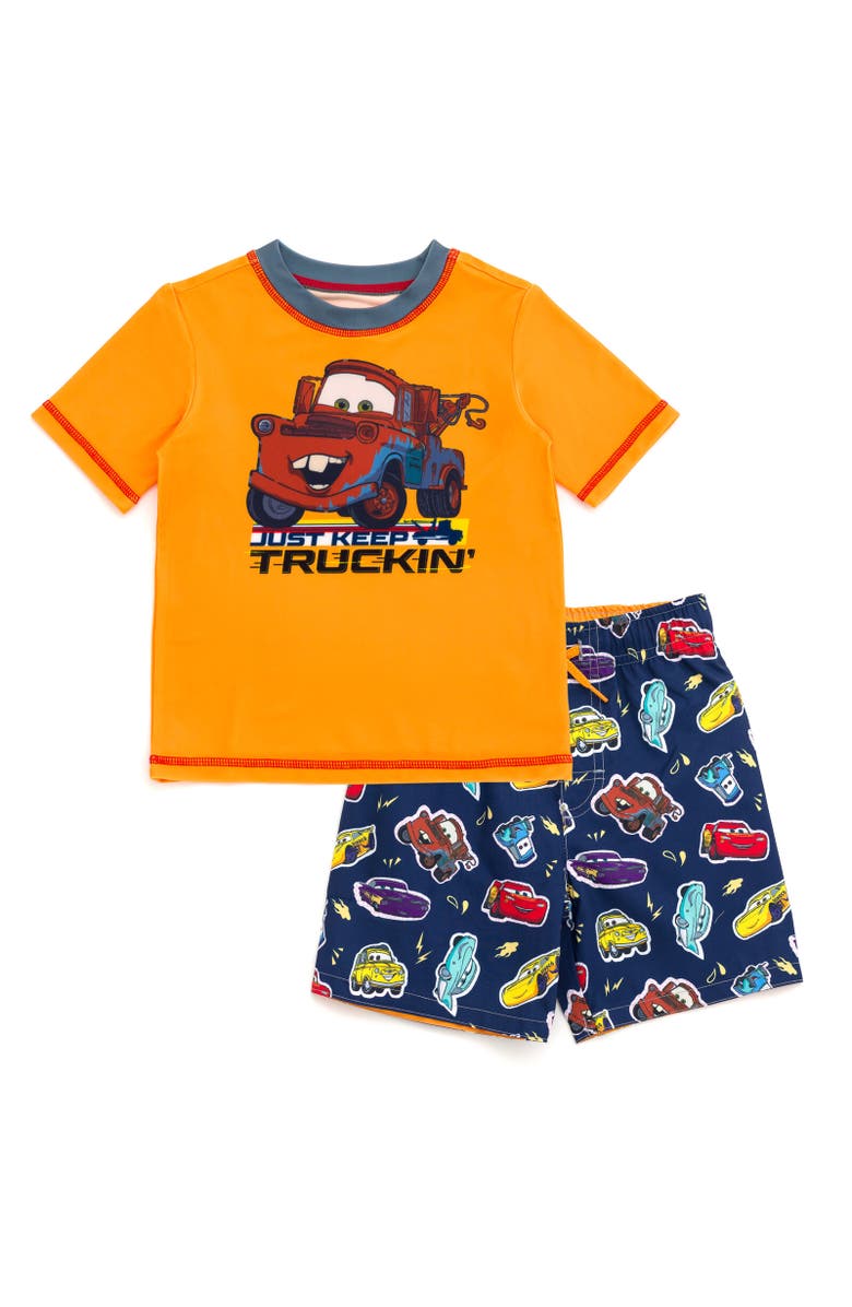 Disney Cars Short Sleeve Rash Guard & Swim Trunks, Main, color, Orange Cars Just Keep Truckin'
