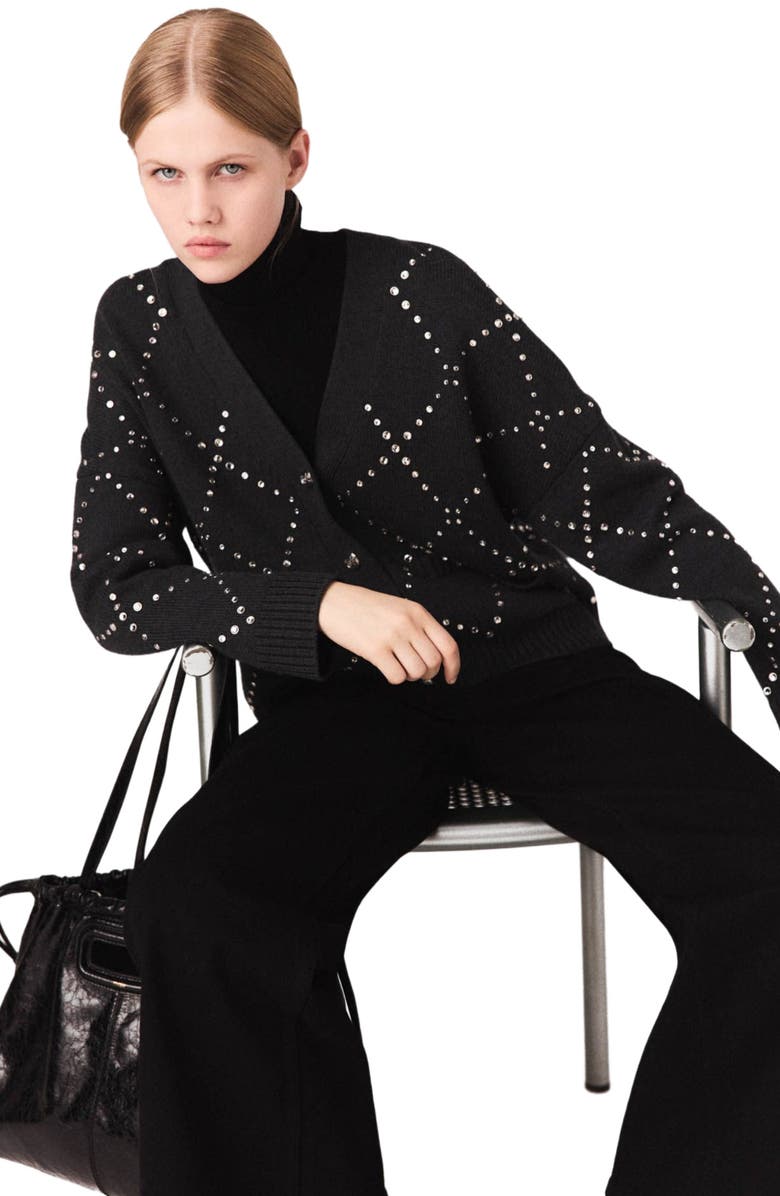 maje Rhinestone check cardigan, Alternate, color, Grey