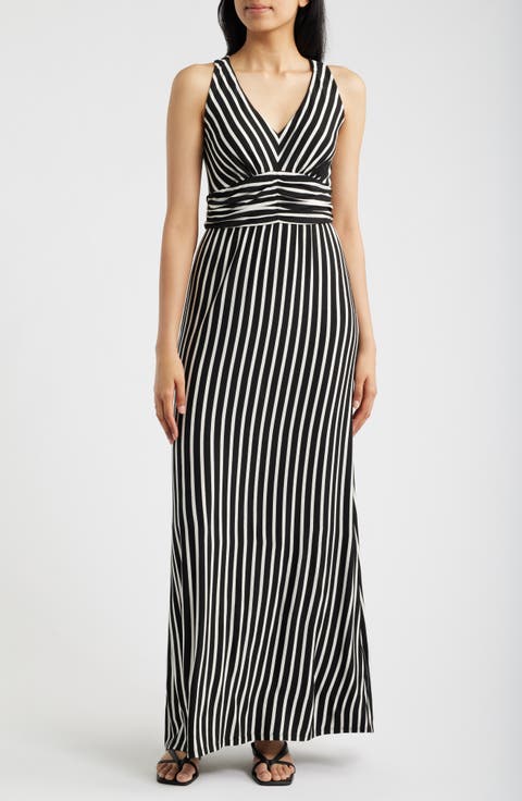 Striped Ruched Empire Waist Maxi Dress
