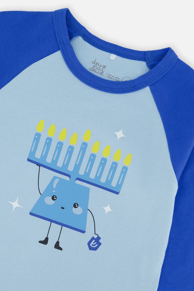 Two Piece Hanukkah Raglan Top Elastic Waist Pants Pajama Set, Alternate, color, Blue Printed Hanukkah