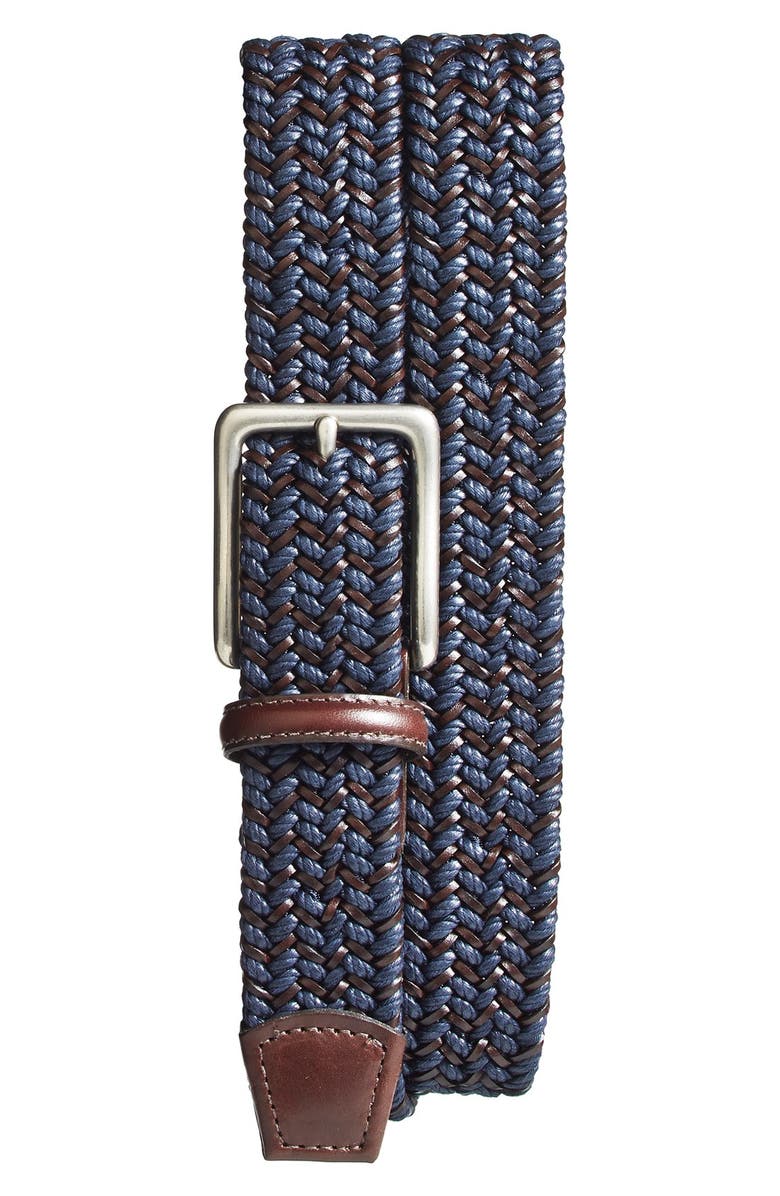 Torino Woven & Leather Belt, Main, color, Navy/ Brown