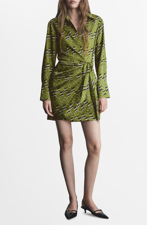 Mango Geo Print Long Sleeve Satin Faux Wrap Dress In Green