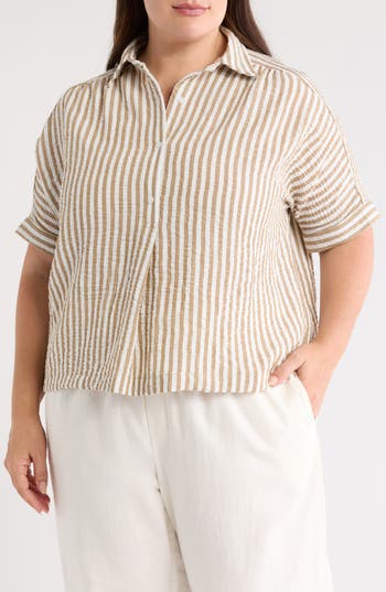 Max Studio Stripe Short Sleeve Textured Button-up Shirt In Neutral