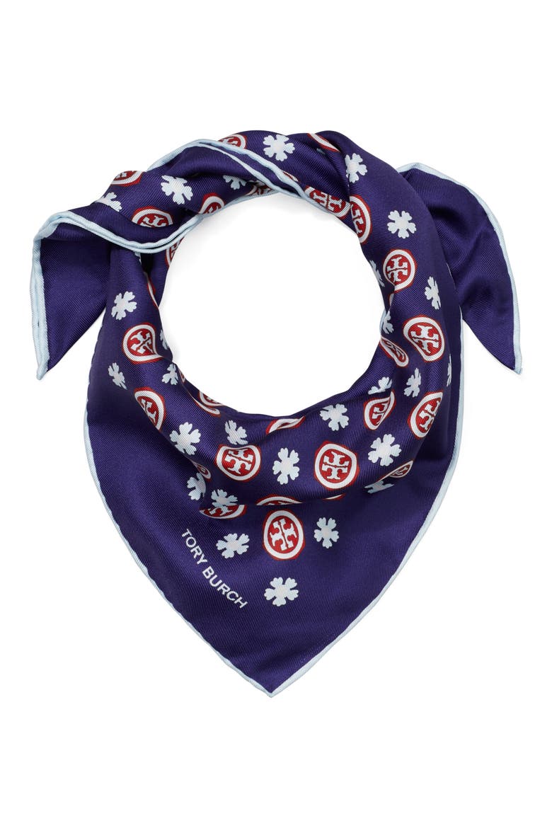 Silk Triangle Scarf, Alternate, color, NAVY FLORAL MONOGRAM