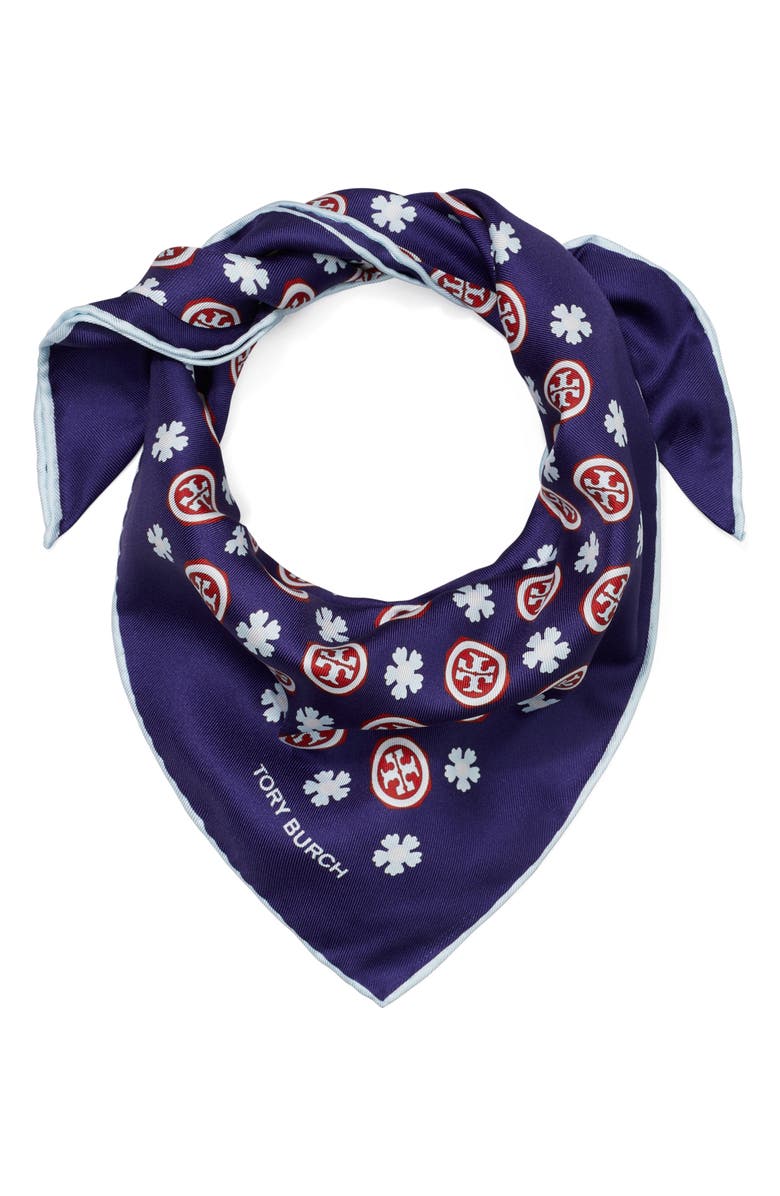 Tory Burch Silk Triangle Scarf, Alternate, color, Navy Floral Monogram