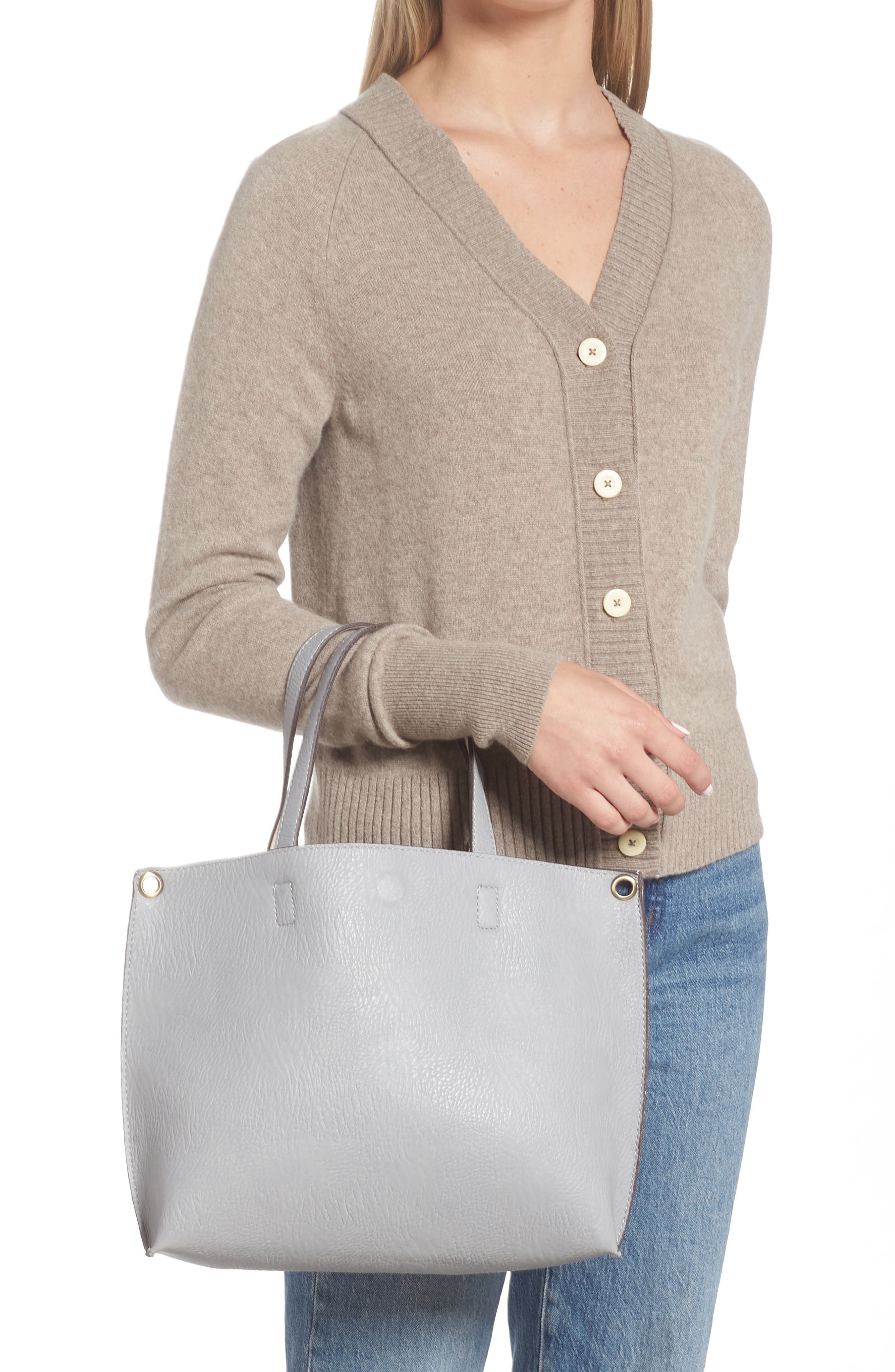 Mini Reversible Faux Leather Tote & Wristlet, Alternate, color, GREY/ BONE