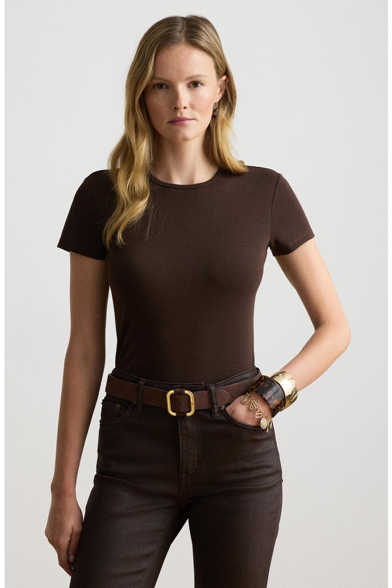 Ribbed Short Sleeve Top, Alternate, color, BROWN