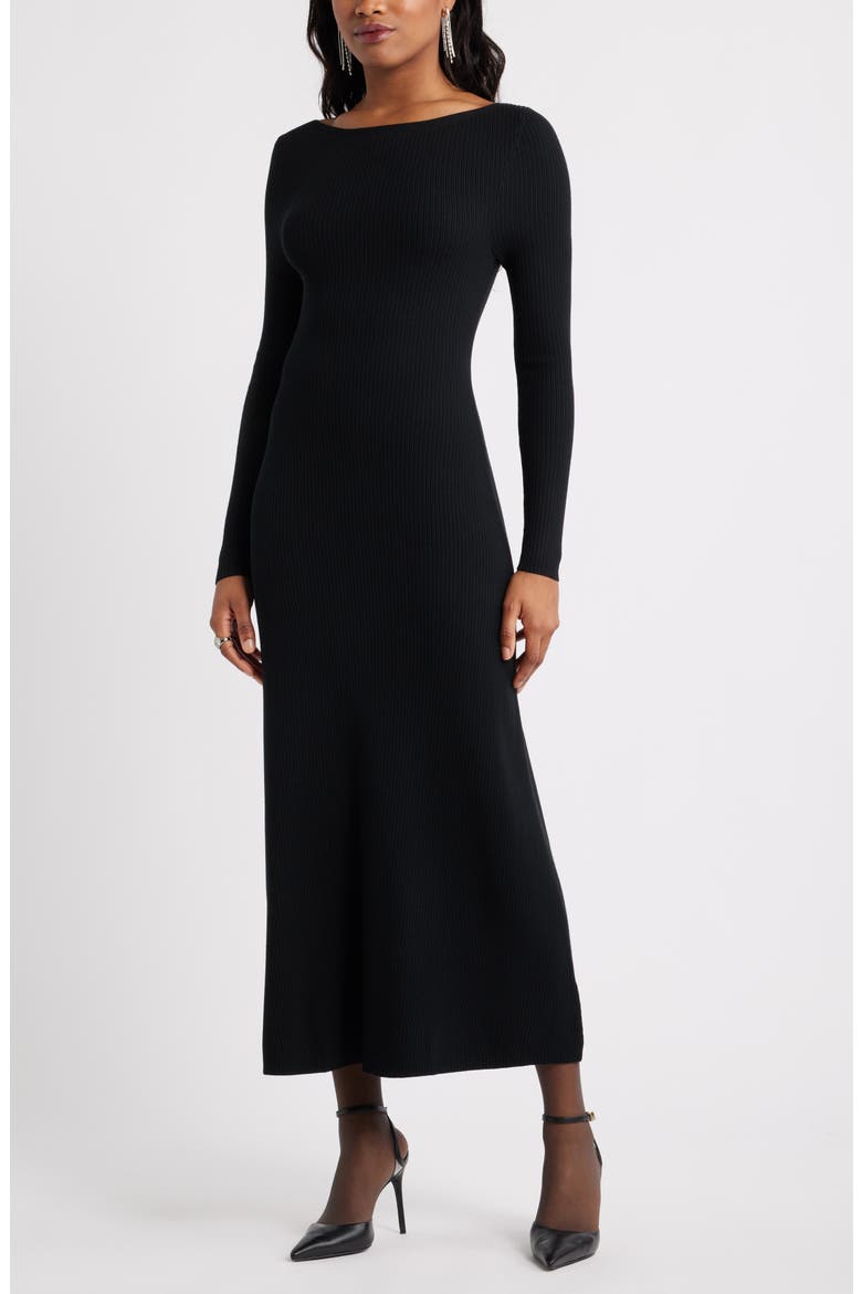 Long Sleeve Rib Maxi Dress, Main, color, BLACK