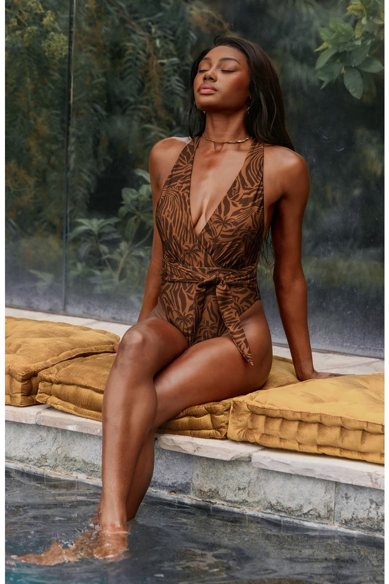 Cross Back Wrap Waist High Cut One-Piece Swimsuit, Alternate, color, Brown