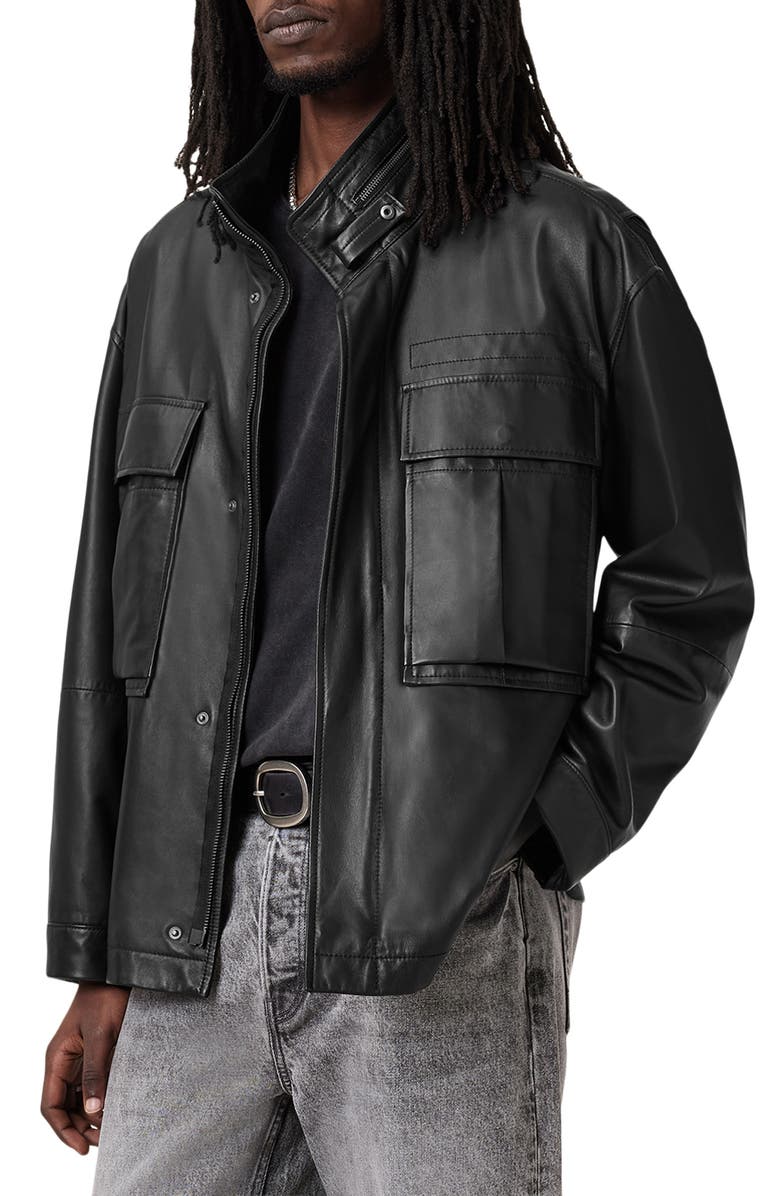 AllSaints Halton Funnel Collar Leather Jacket, Alternate, color, Black